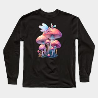 Whimsical Cottagecore Fairycore Mushrooms with Fairies Long Sleeve T-Shirt